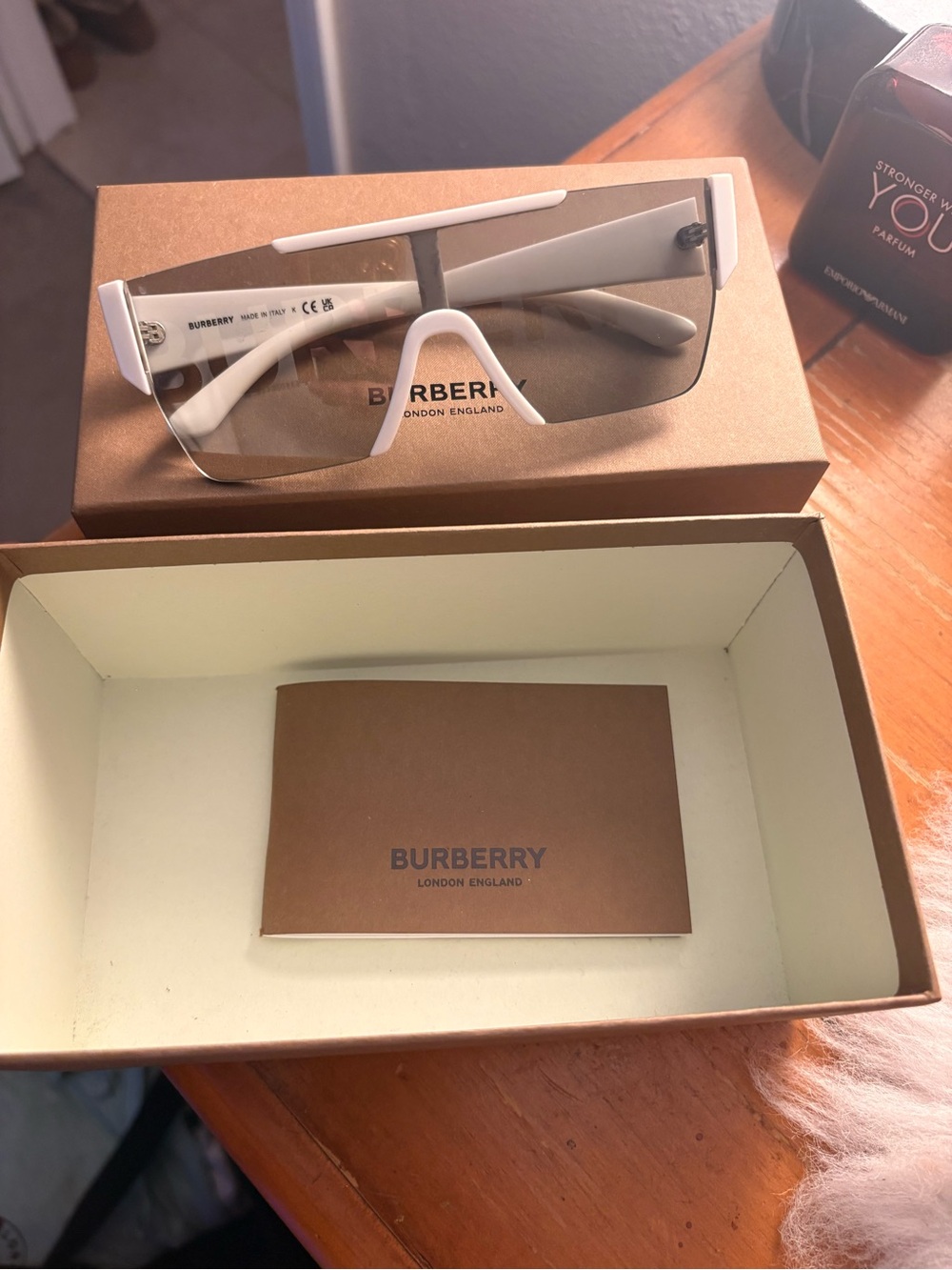 Burberry White-Trim Shield Sunglasses - Burberry Smoke Gradient Lens - Picture 5 of 6